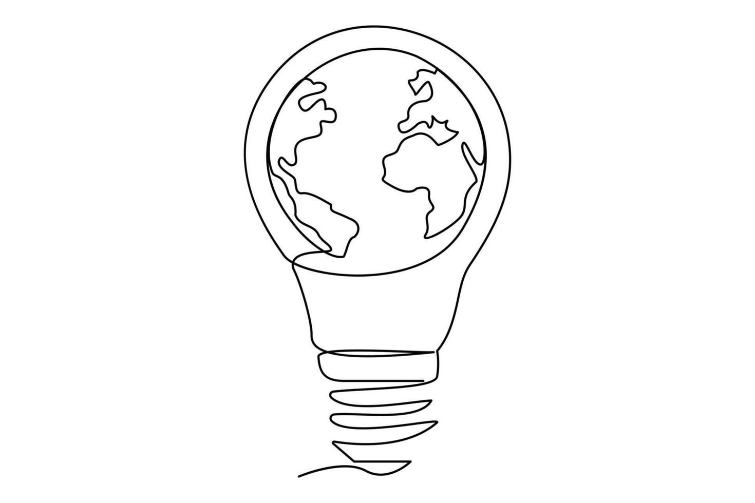 Continuous one line Earth globe inside lightbulb and earth hour outline vector art illustration. Vector Concept of Eco innovation