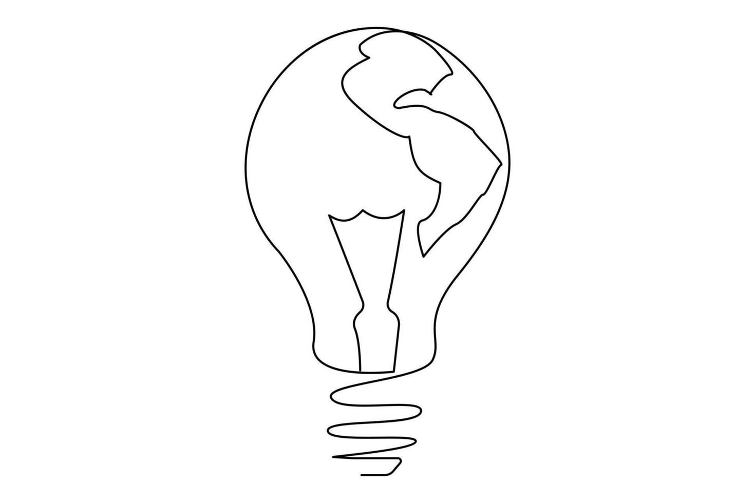 Continuous one line Earth globe inside lightbulb and earth hour outline vector art illustration. Vector Concept of Eco innovation