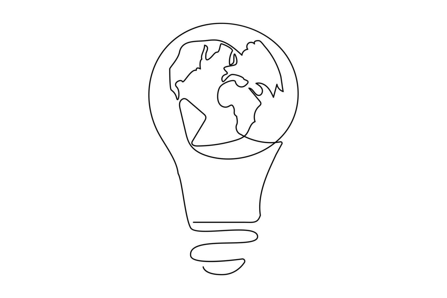 Continuous one line Earth globe inside lightbulb and earth hour outline vector art illustration. Vector Concept of Eco innovation