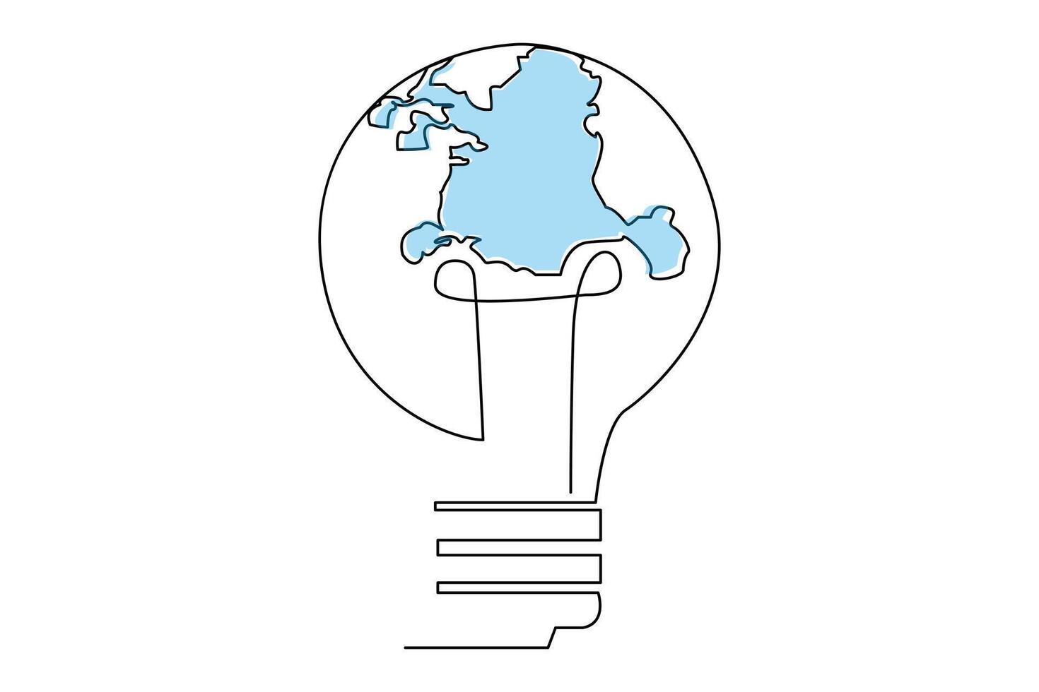 Continuous one line Earth globe inside lightbulb and earth hour outline vector art illustration. Vector Concept of Eco innovation