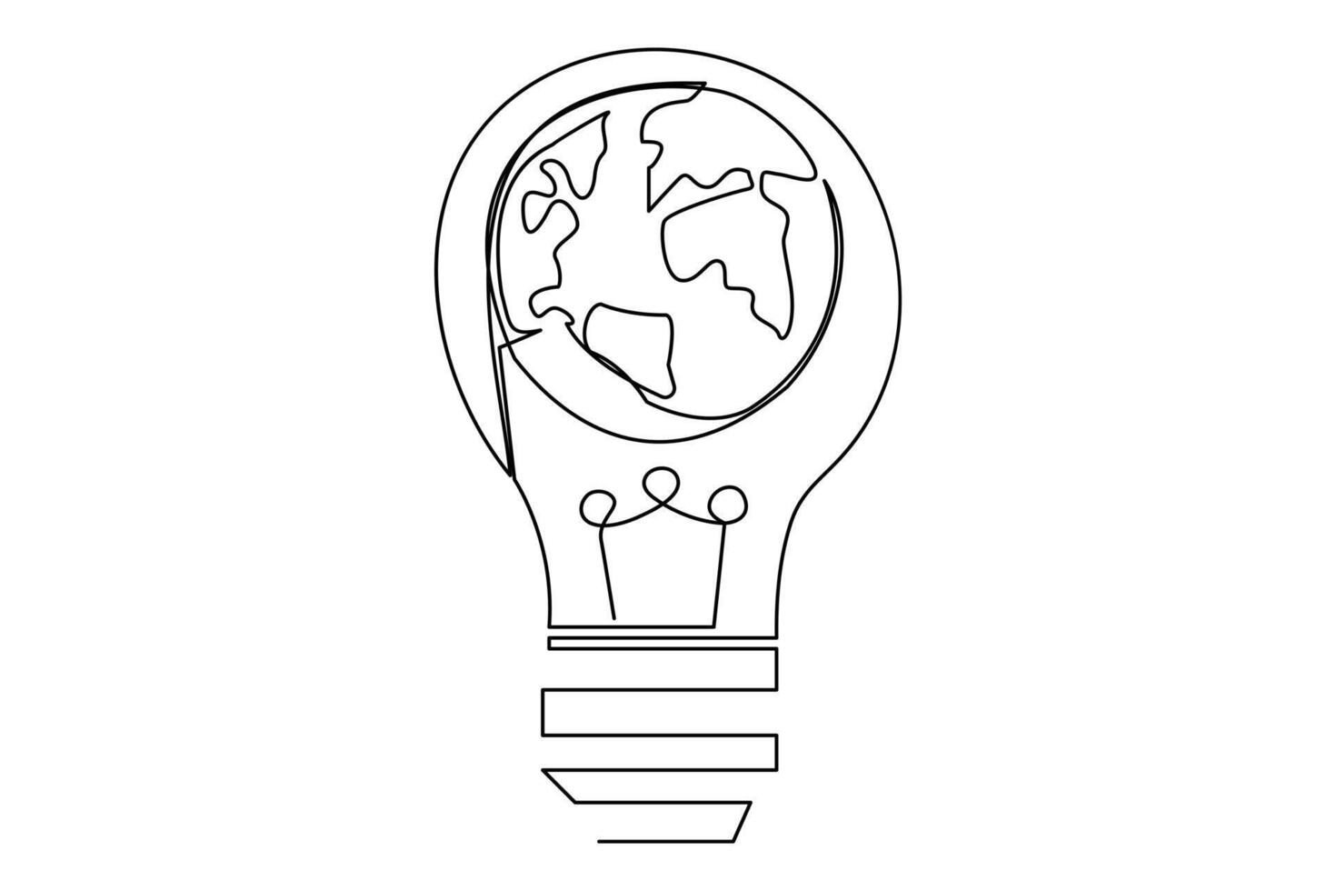 Continuous one line Earth globe inside lightbulb and earth hour outline vector art illustration. Vector Concept of Eco innovation