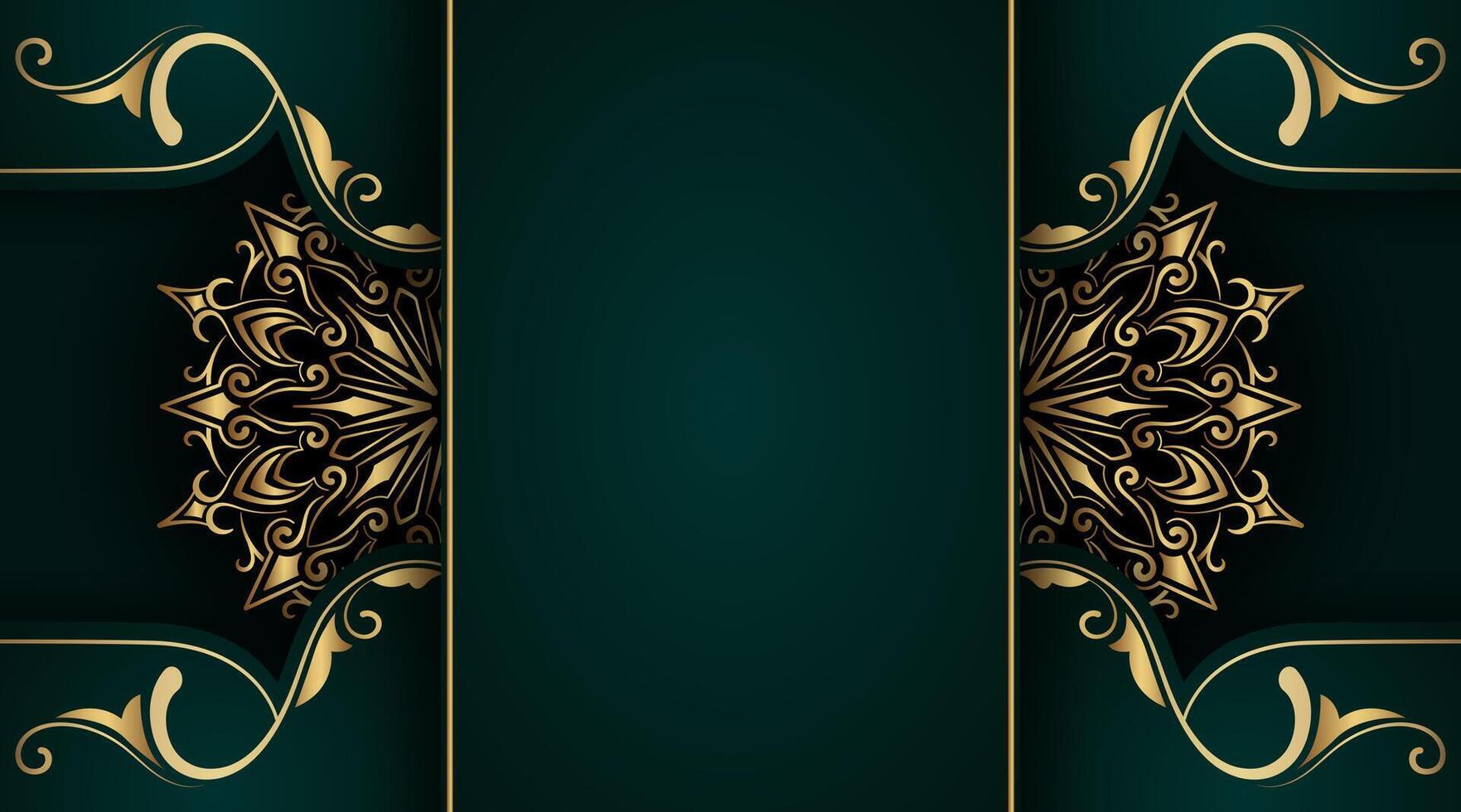 Green background with golden mandala ornament vector