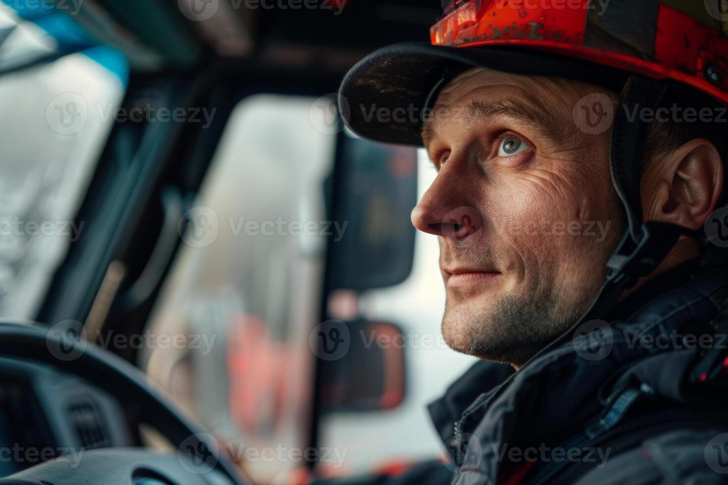 AI generated A man in a firemans helmet is driving a fire truck, ready to respond to emergency calls and save lives with bravery and dedication. photo