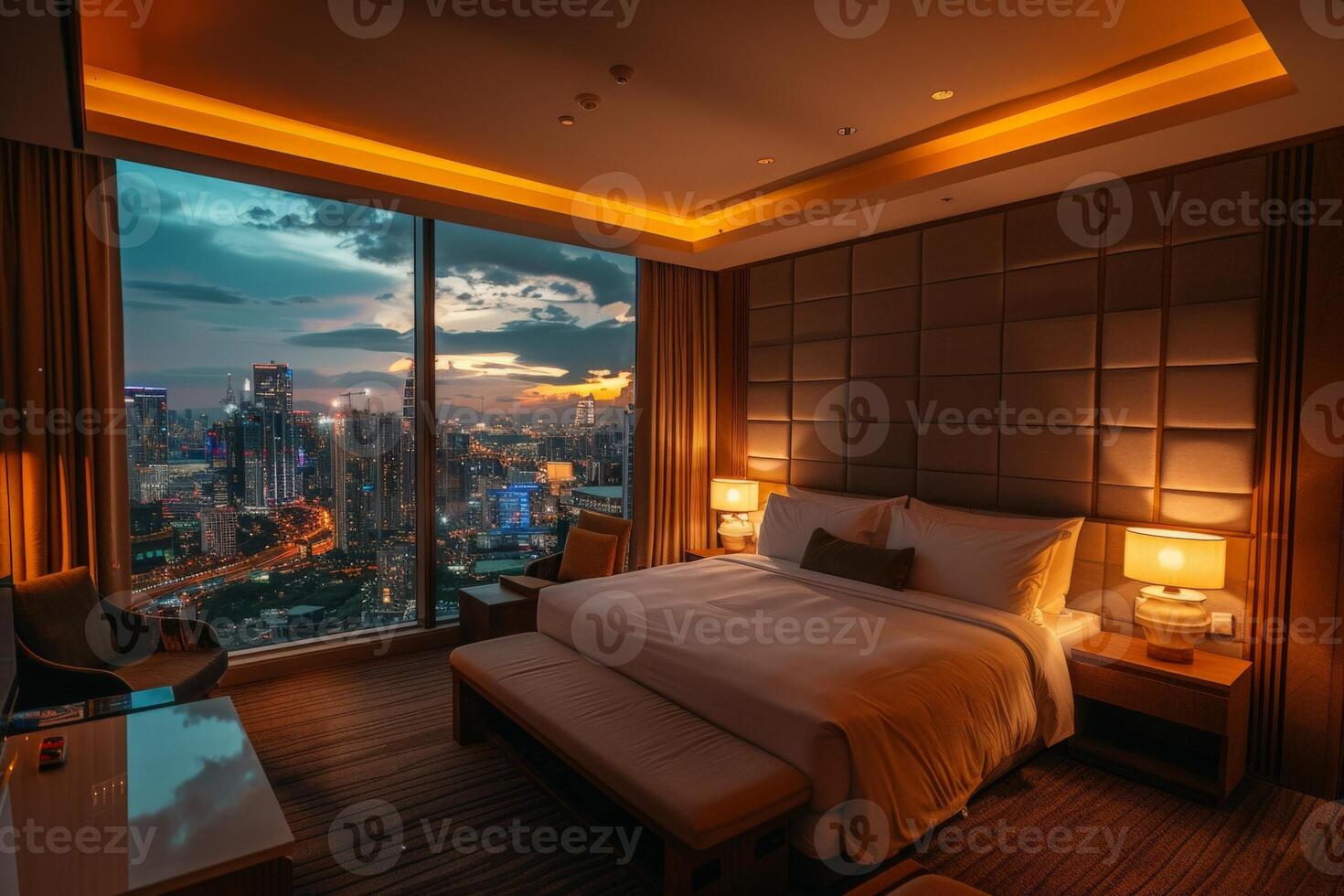AI generated Luxurious hotel room with a breathtaking view of the bustling city below, showcasing towering skyscrapers and vibrant city lights. photo