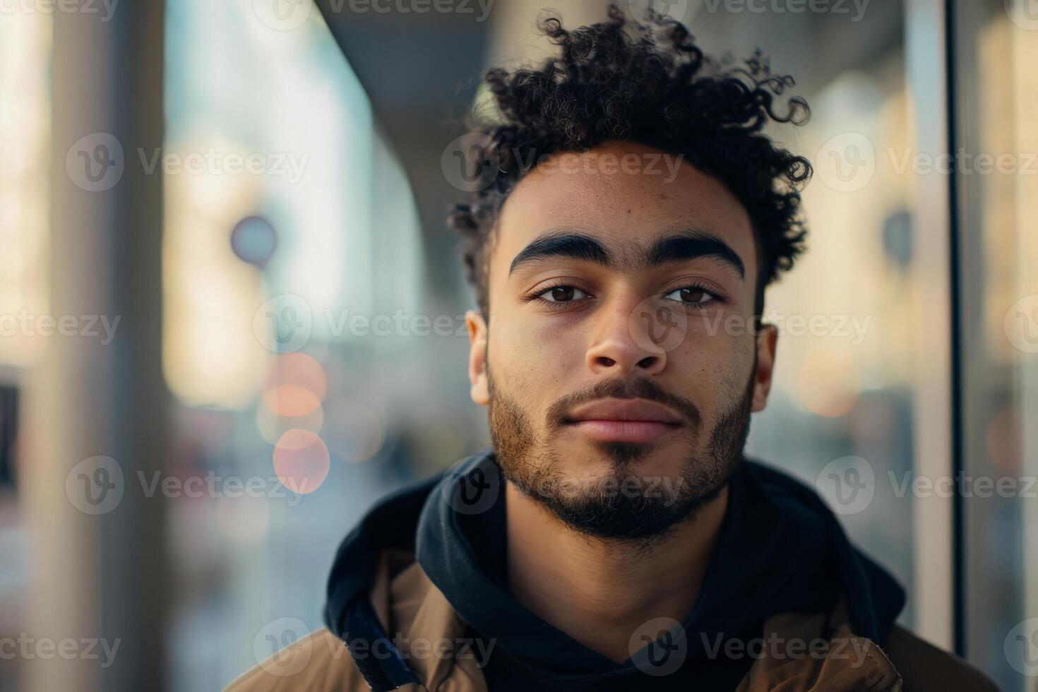 AI generated A close up of a person donning a stylish jacket, exuding confidence and resilience in the face of changing weather. photo