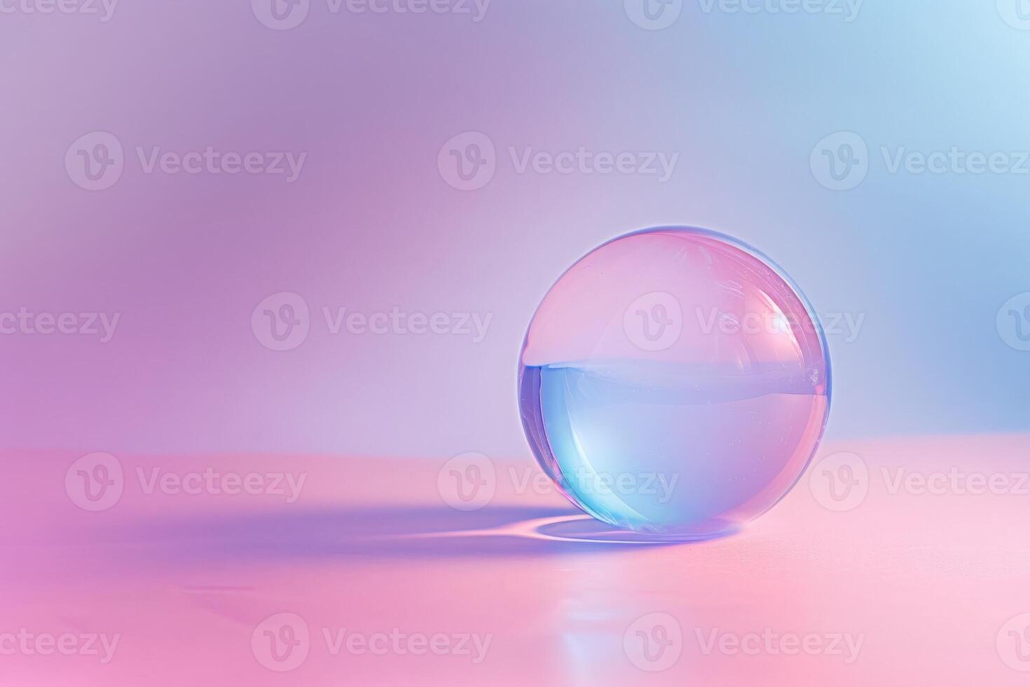 AI generated A clear glass ball resting on a dreamy pink and blue backdrop, casting a mystical and enchanting aura. photo