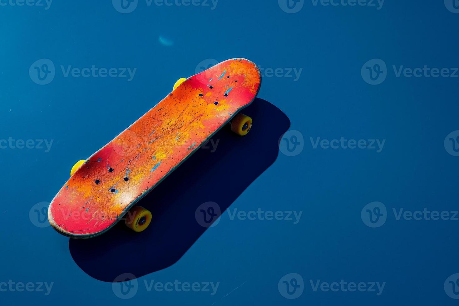 AI generated A brightly colored skateboard is laid out on the ground in a serene urban setting, waiting for its next ride. photo