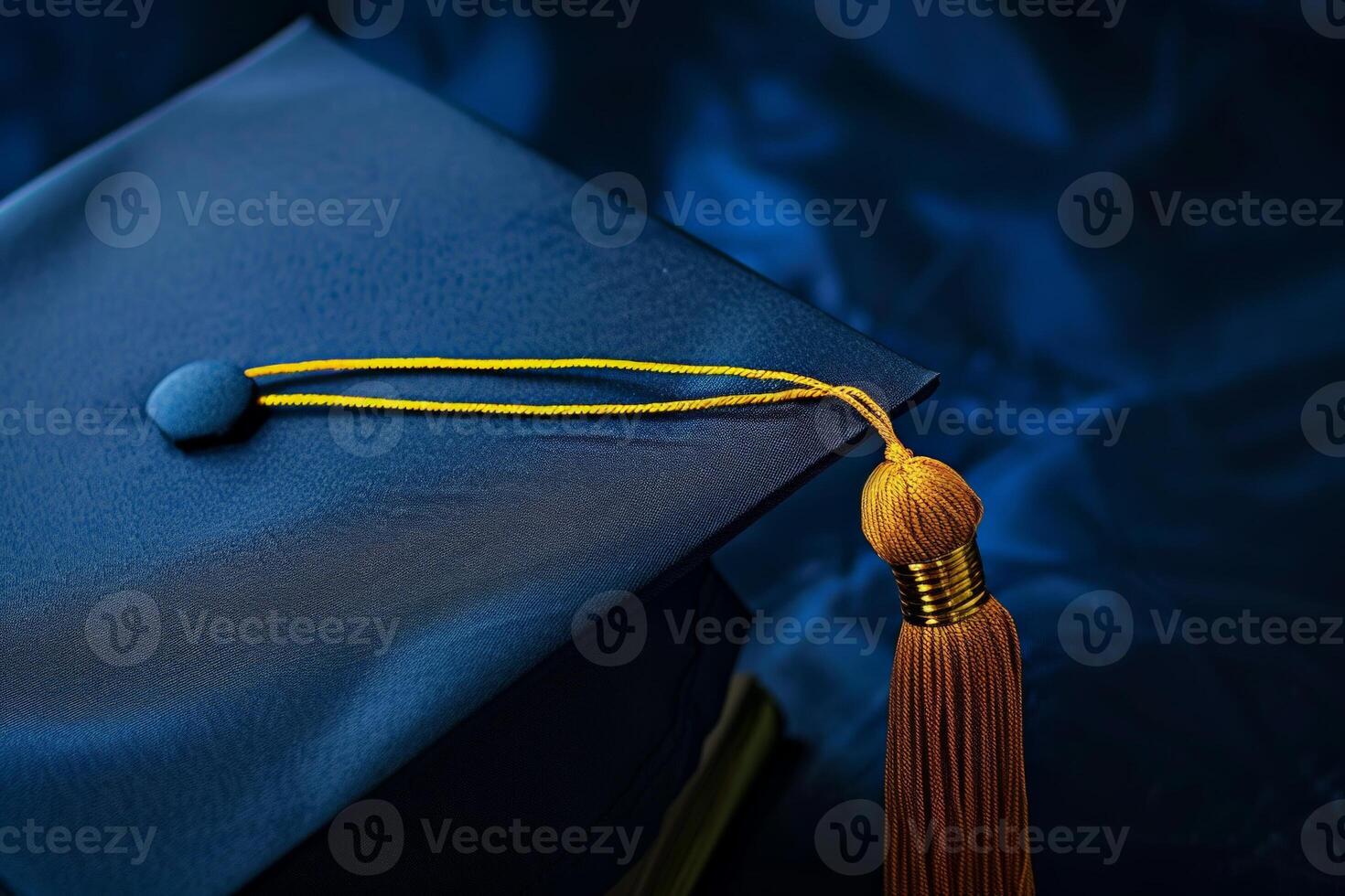 ai generado un vibrante azul graduación gorra adornado con un alegre amarillo borla, simbolizando académico logro y éxito. foto