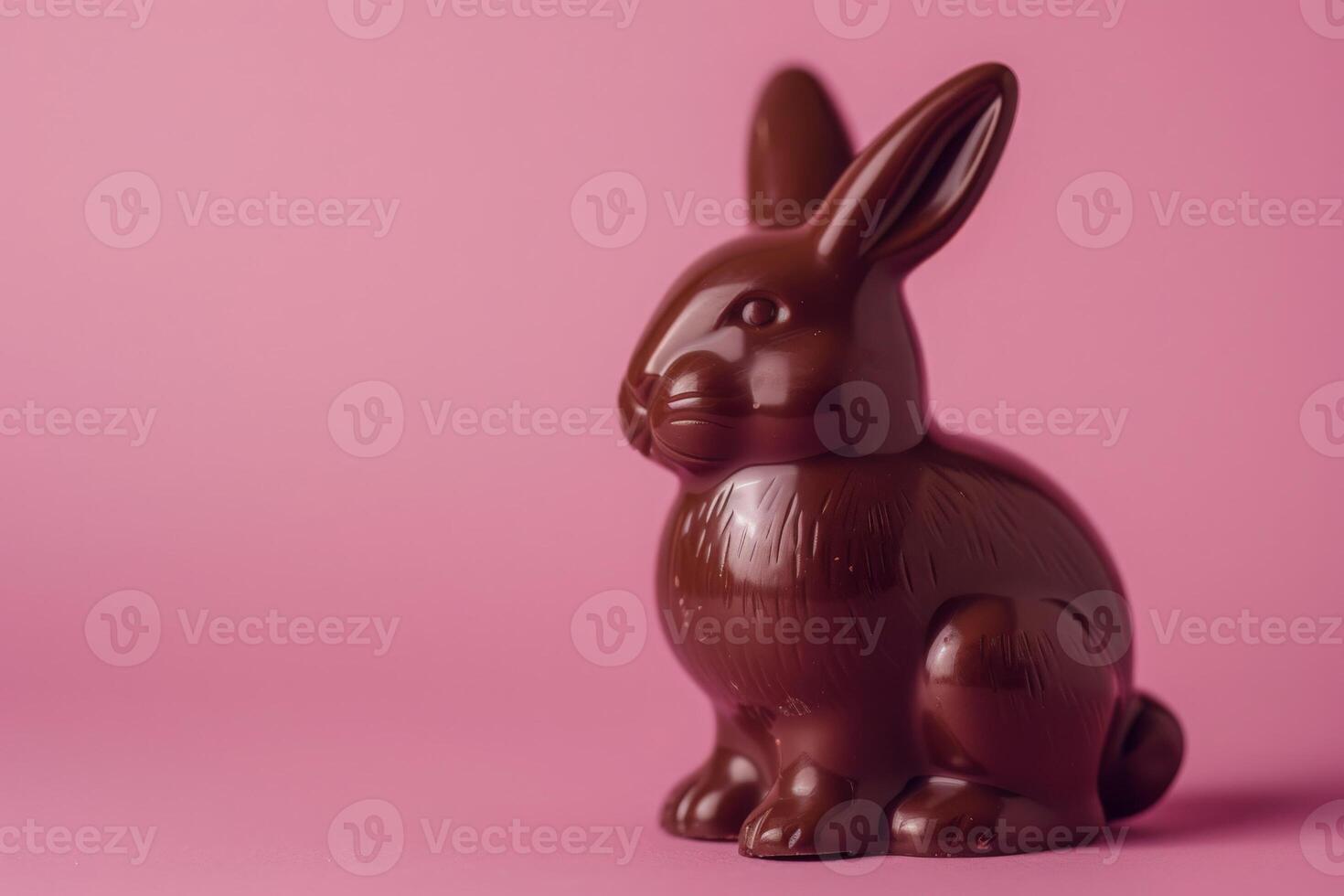 AI generated A shiny chocolate bunny peacefully sits on a soft pink background, exuding elegance and charm. photo