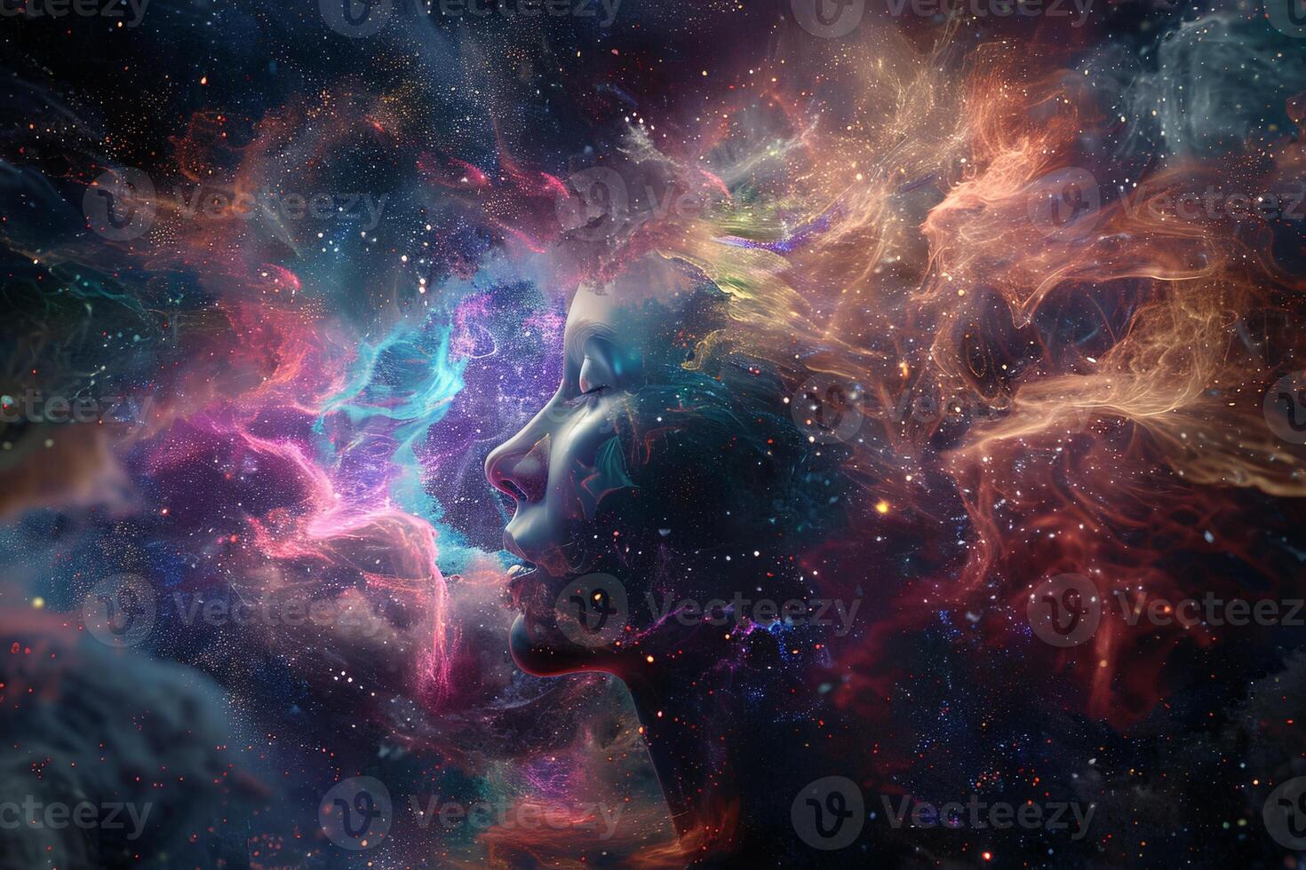 AI generated A womans face emerges in a space filled with twinkling stars, symbolizing a connection with the universe and the cosmic energies. photo