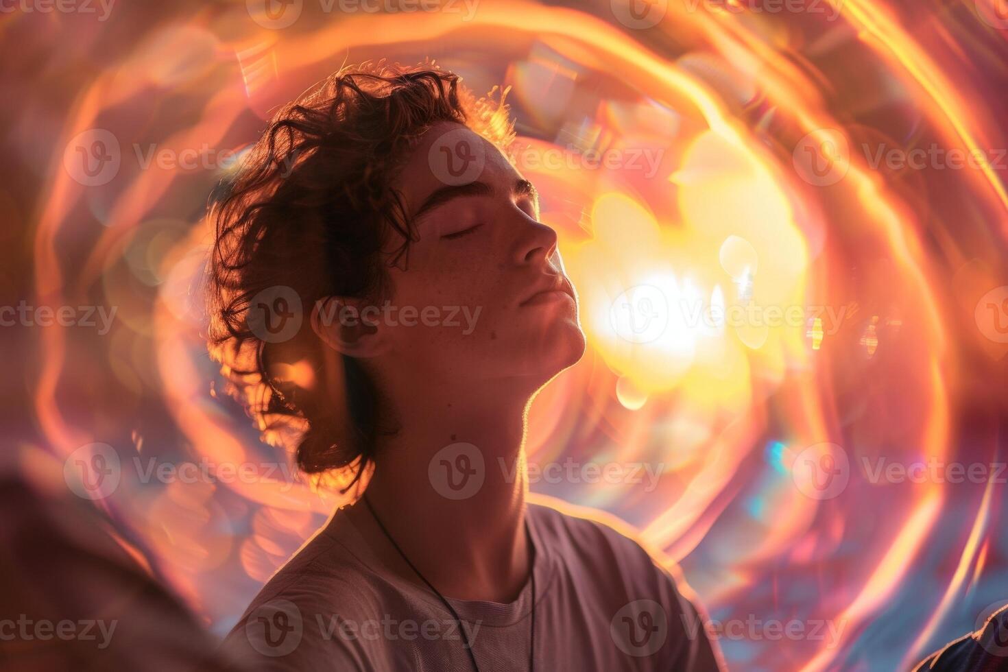 AI generated A man with his eyes closed, standing peacefully in front of a mesmerizing spiral of light. photo