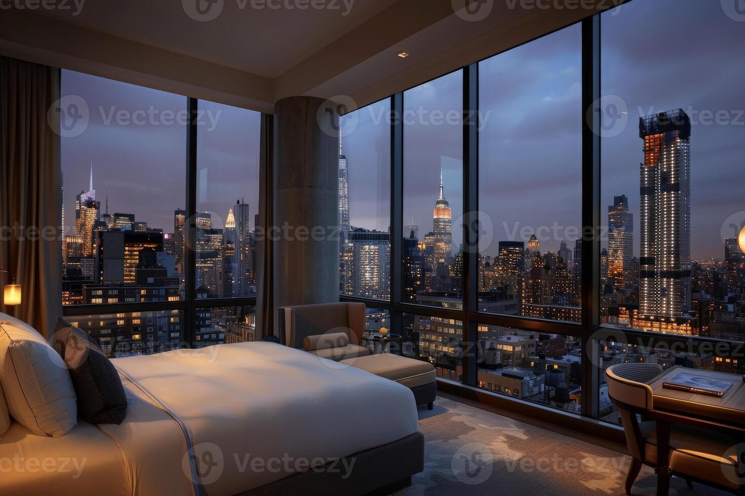 AI generated A lavish hotel room with panoramic views of the sparkling cityscape at night, showcasing twinkling lights and urban dynamism. photo