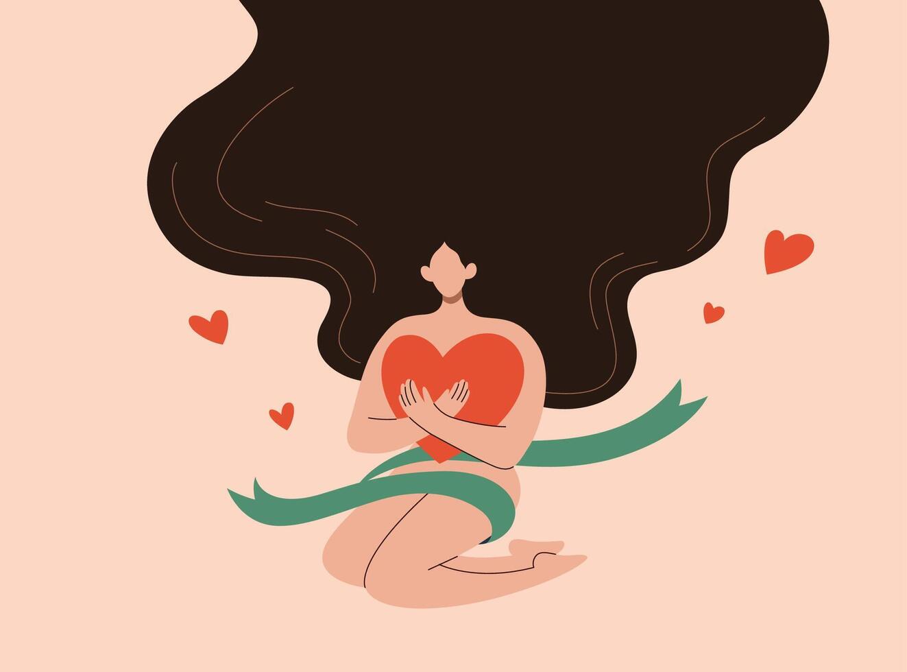 auto-aceptación en mujer. plano estilo ilustración de hembra con largo pelo envuelto en verde cinta abrazando un grande rojo corazón sentado en rodillas terminado beige antecedentes vector