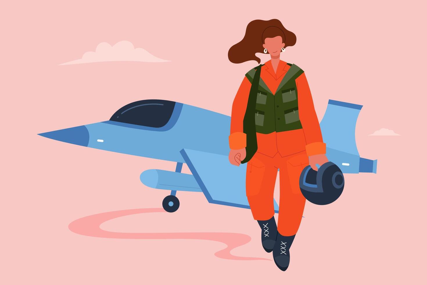 Female fighter pilot at work. Flat style illustration of female fighter pilot walking out from jet with helmet on hand vector