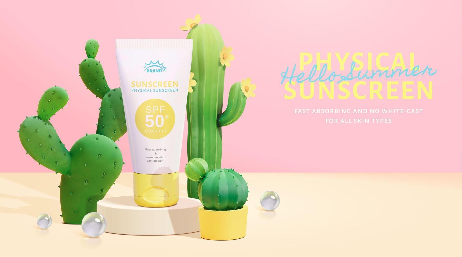 3d pink sunscreen ad template. Tube mock-up on round stage with cactus decoration. Suitable for summer cosmetic promotion. vector