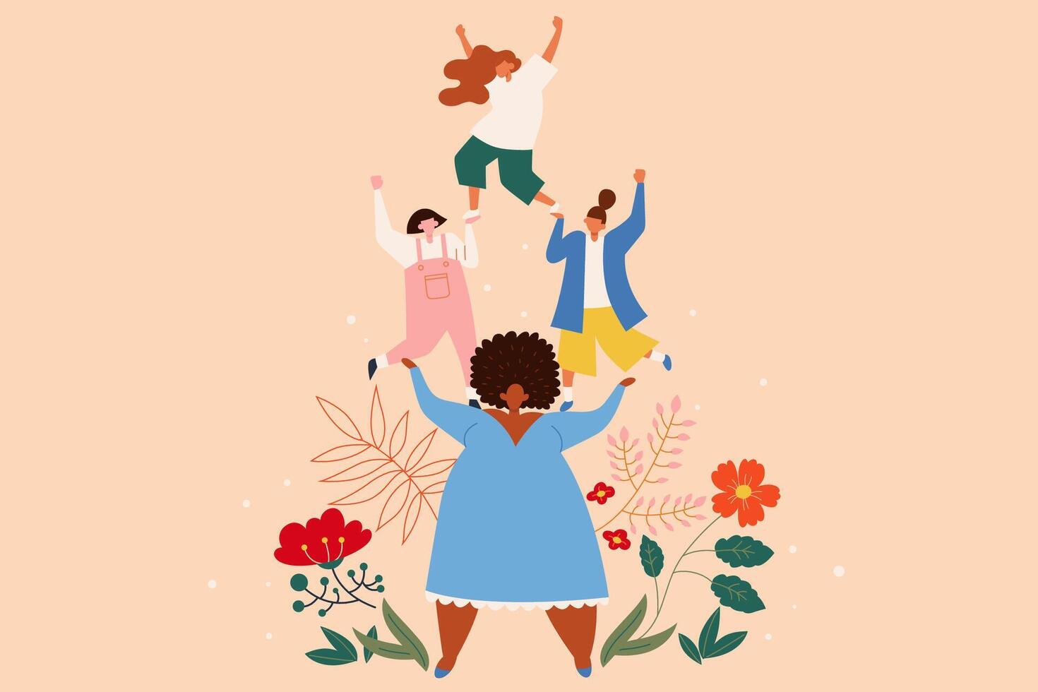 Female networking and support group. Flat style illustration of a woman balancing other females on her shoulders on beige background vector