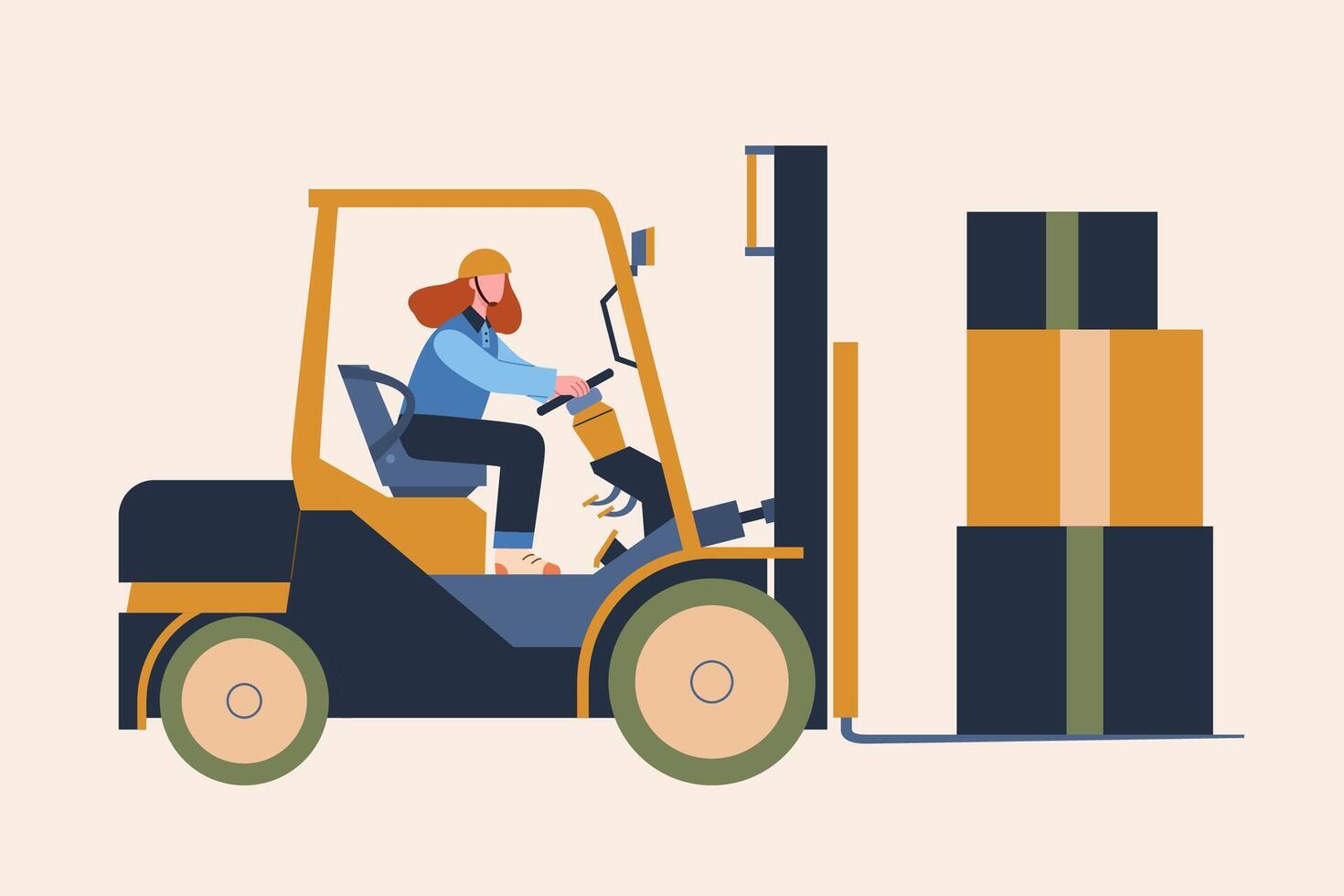 Female forklift driver at work. Flat style illustration of a woman operating forklift and moving cardboard boxes in warehouse on beige background vector