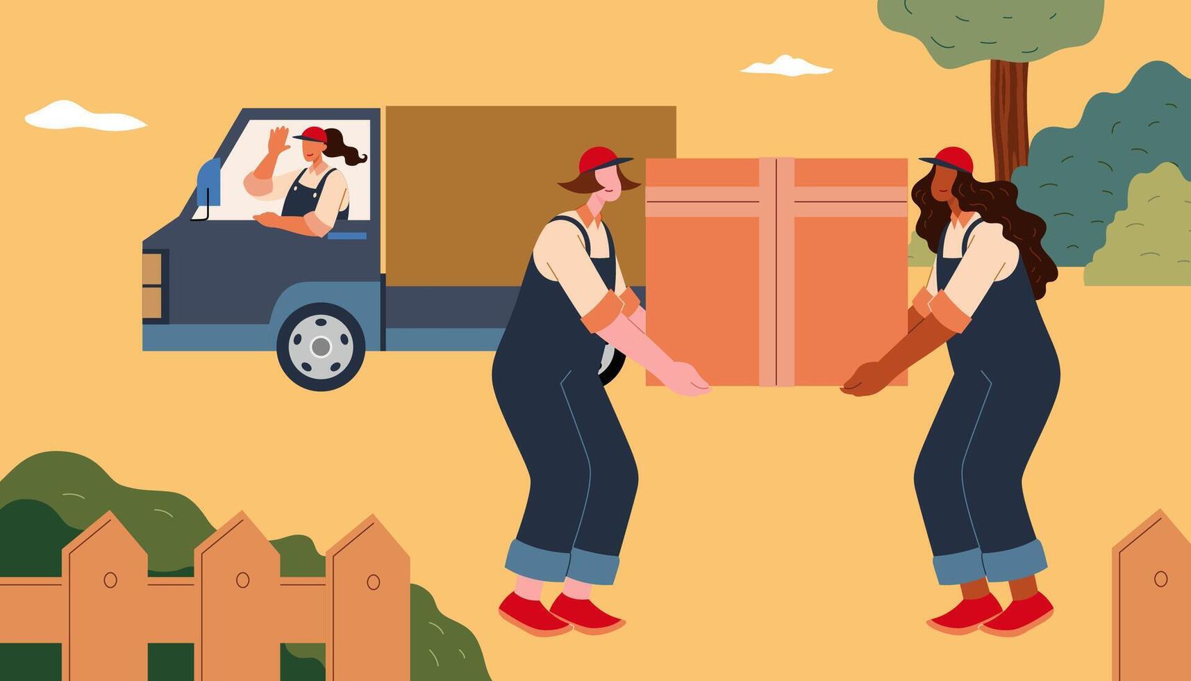 Women couriers with a large parcel. Flat style illustration of two female workers carrying a big parcel box from the courier van to recipient. Concept of women at work vector