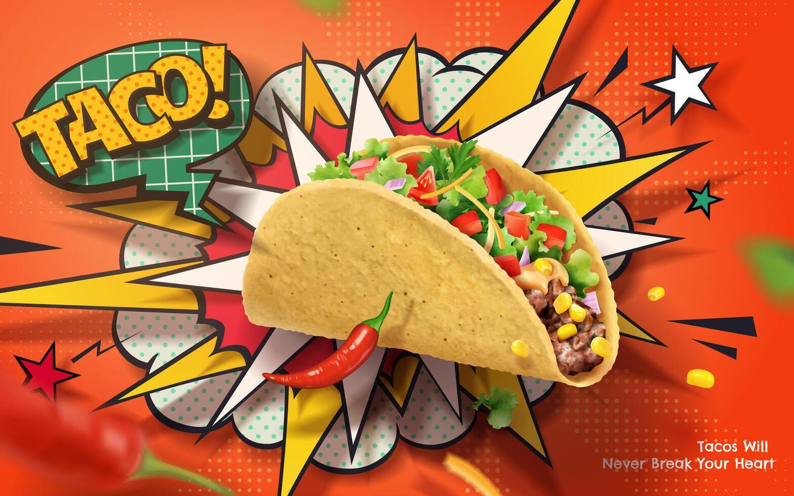 3d spicy taco ad banner in retro American comic theme design. Fresh taco and chili on exploding pop art background. vector