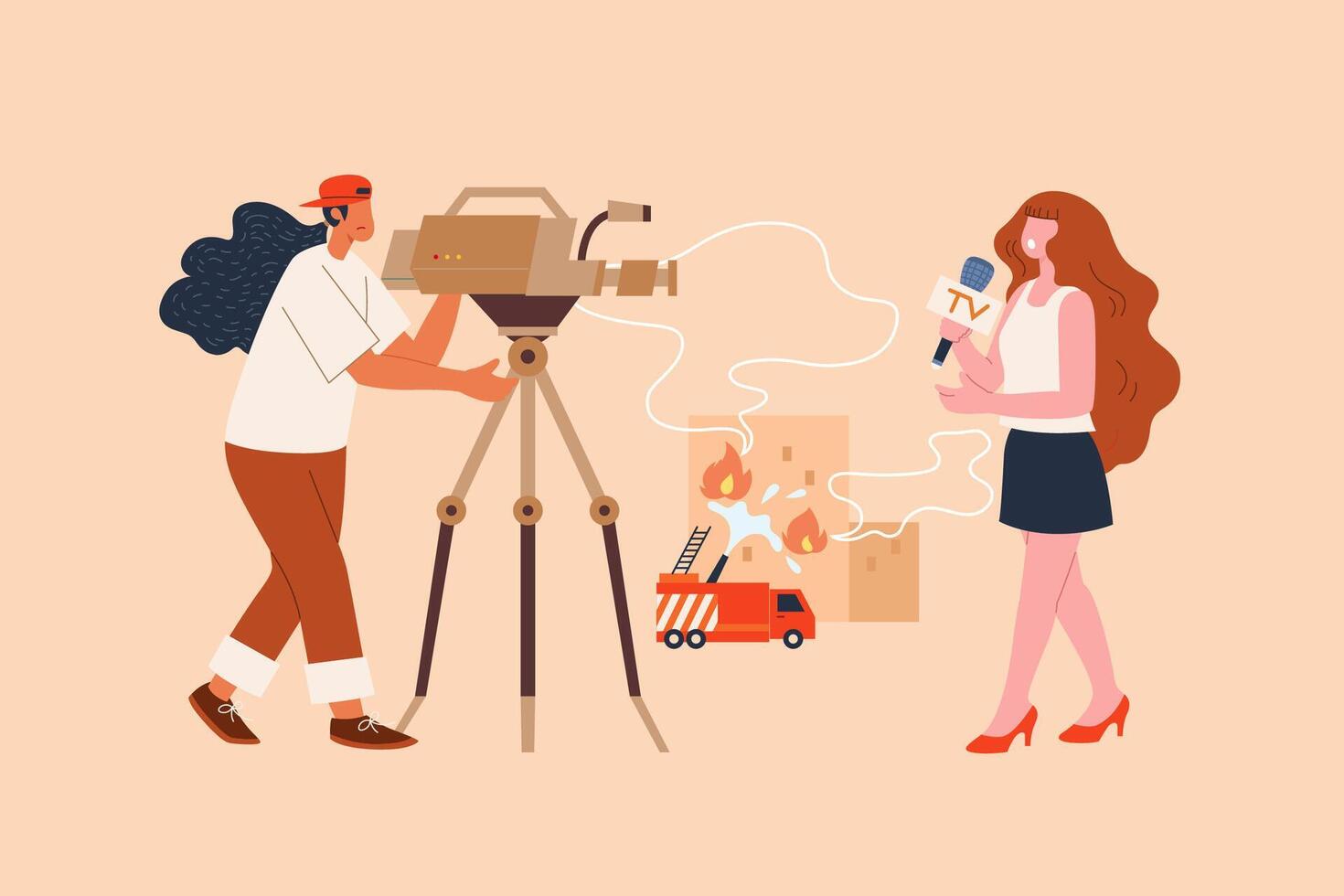 TV reporter reporting house on fire. Flat style illustration of a female TV reporter talking through microphone and professional cameraman live streaming a fire incidence vector