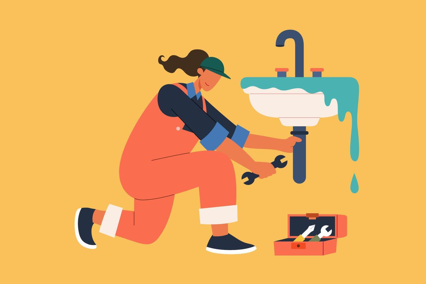 Female plumber fixing bathroom sink. Flat style illustration of plumber woman in workwear fixing sink tube pipe in bathroom over orange background. Concept of woman at work vector