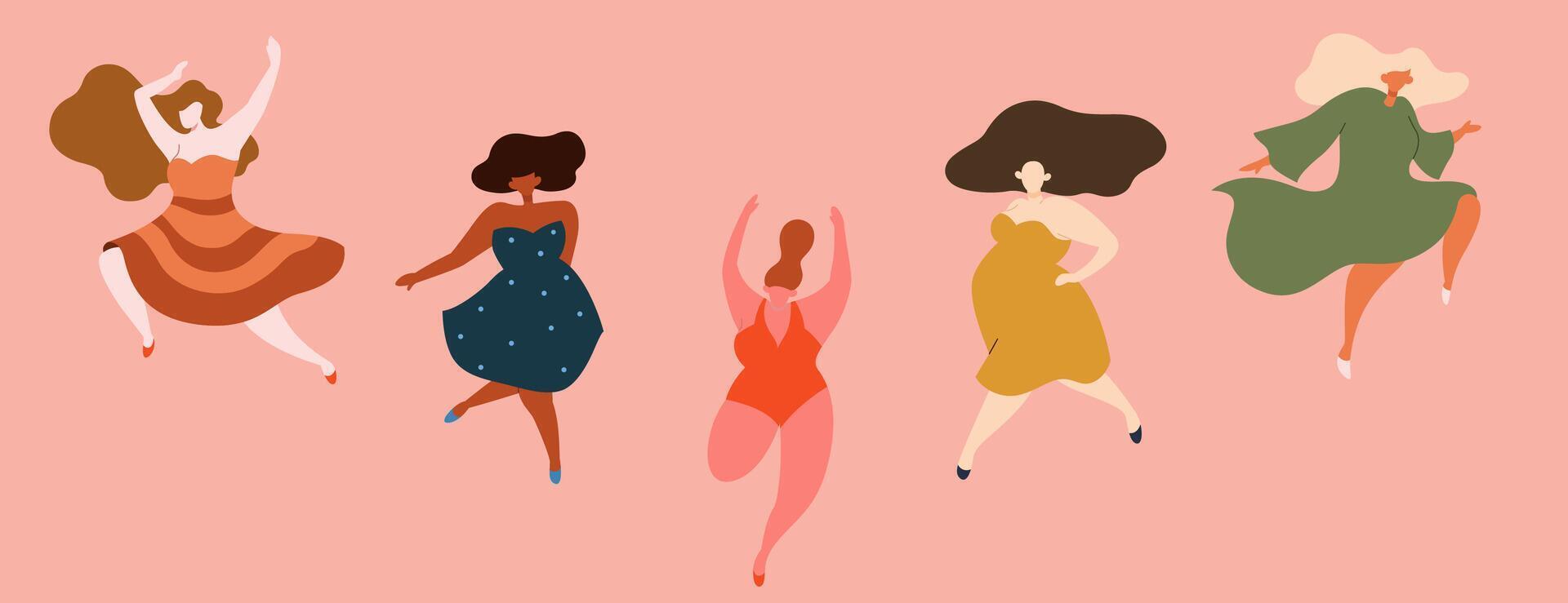 cuerpo positividad en mujer. plano estilo ilustración de multiétnico hembra caracteres en diferente ropa bailando en rosado antecedentes vector