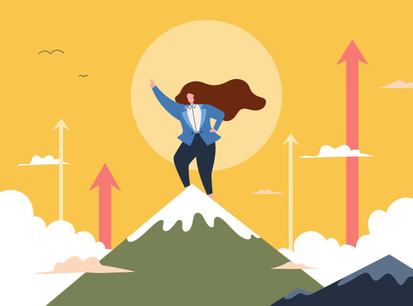 Businesswoman on the career peak. Flat style illustration of woman in suit standing on top of mountain with arrows going up symbolizing success in her work path vector