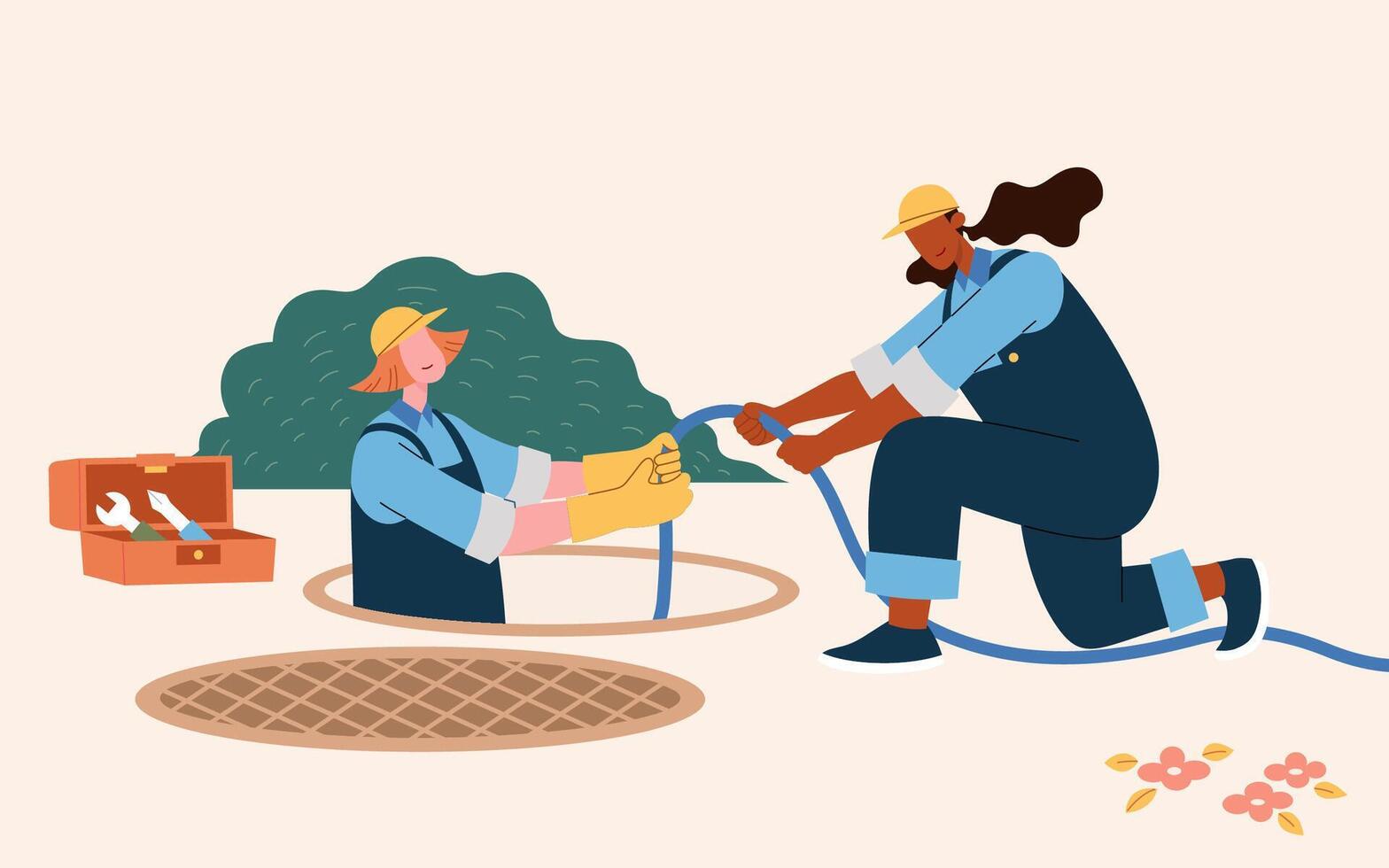 Female working in manhole plumbing. Flat style illustration of two girl worker goes underground on the manhole for sewer repair. Concept of women at work vector