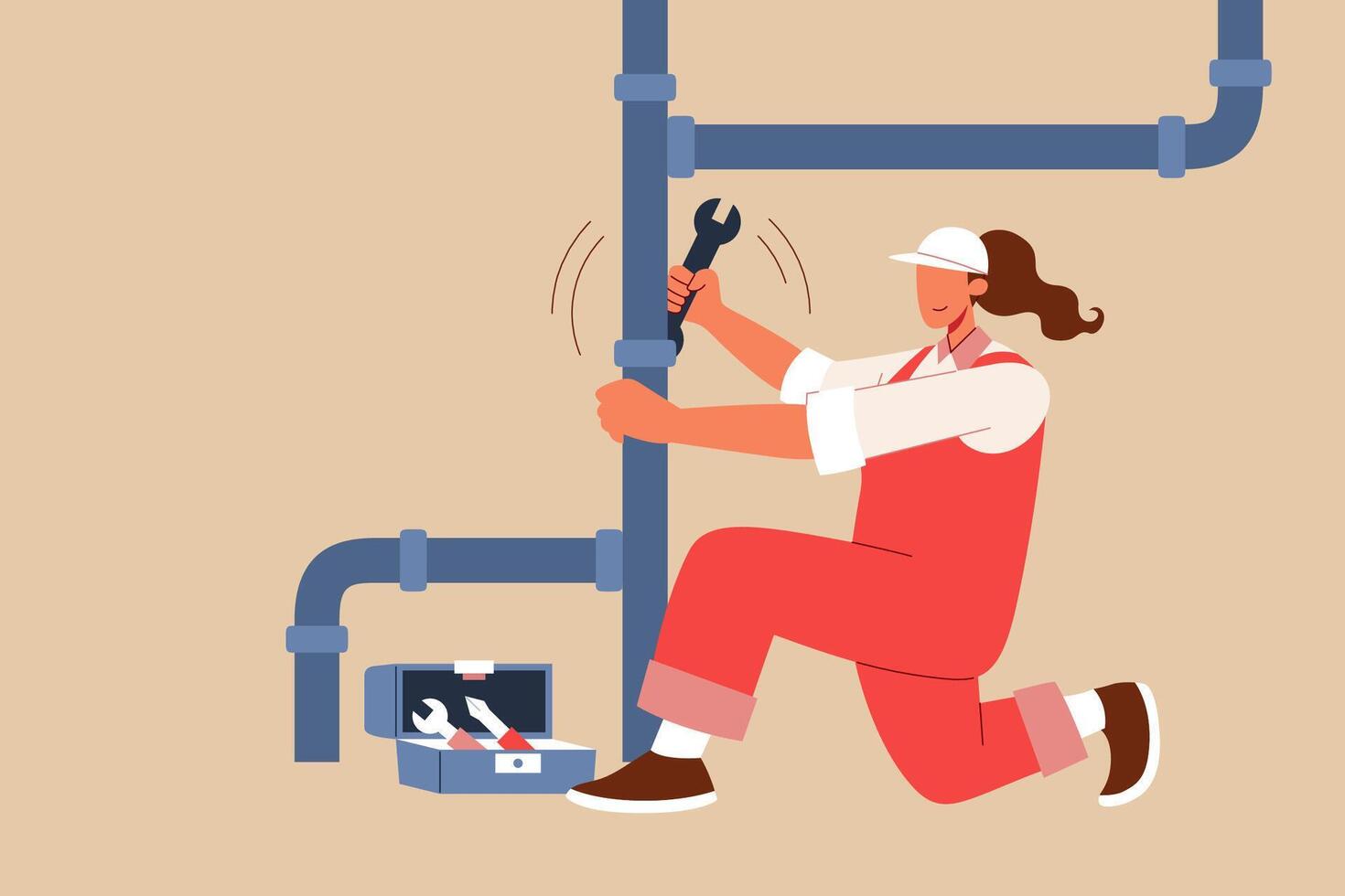 Female pipe plumber working. Flat style illustration of girl plumber in workwear fixing water supply pipe by wrench. Concept of woman at work vector