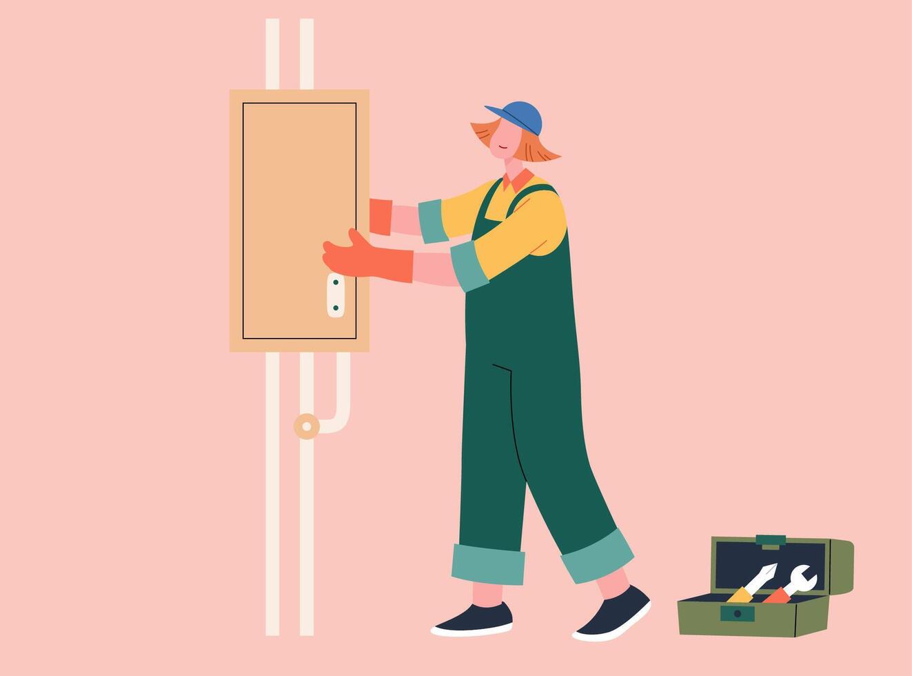Female electrician fixing fuse box. Illustration of a woman in workwear repairing electrical problem with fuse box on pink background. Concept of woman at work vector