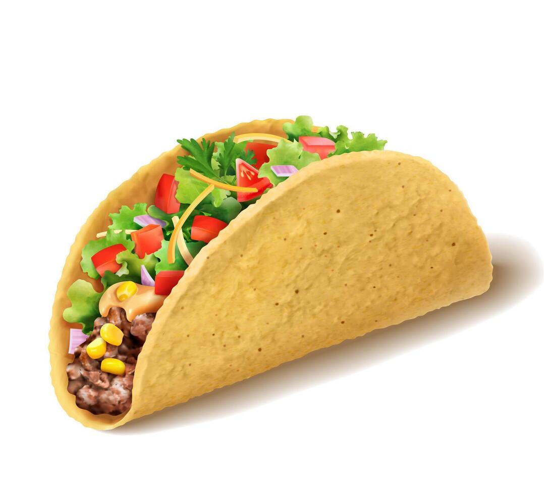 3d realistic Mexican Taco with ground beef, lettuce, diced tomato and onion stuffing. Cultural food element isolated on white background. vector