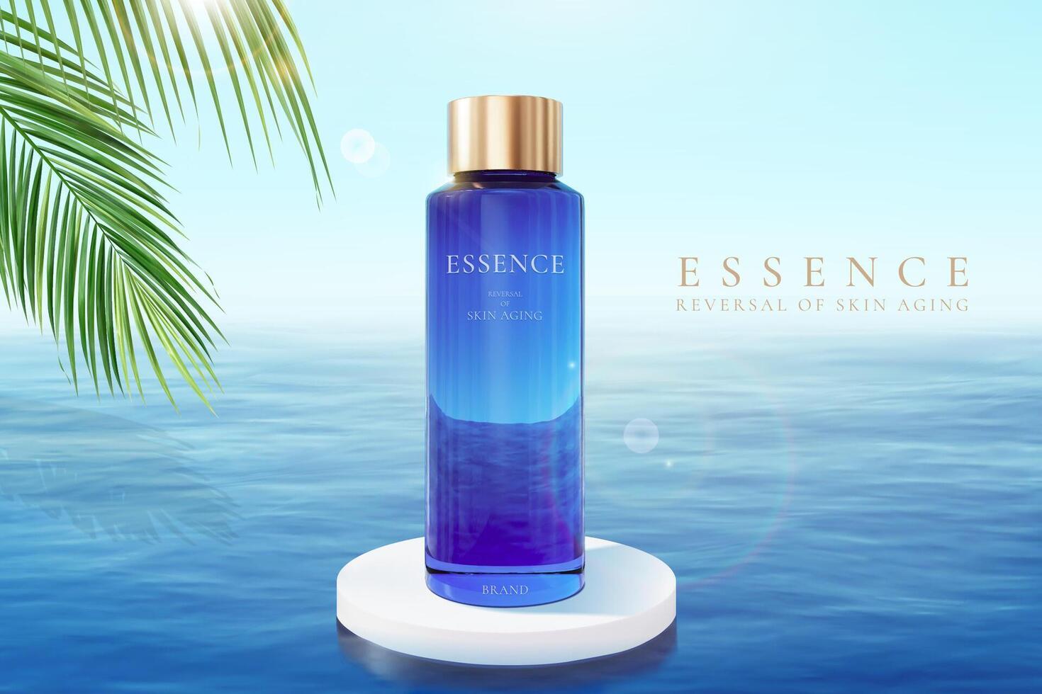 3d hydrating serum or toner ad template. Blue glass bottle mock-up set on round podium in the middle of blue ocean. vector