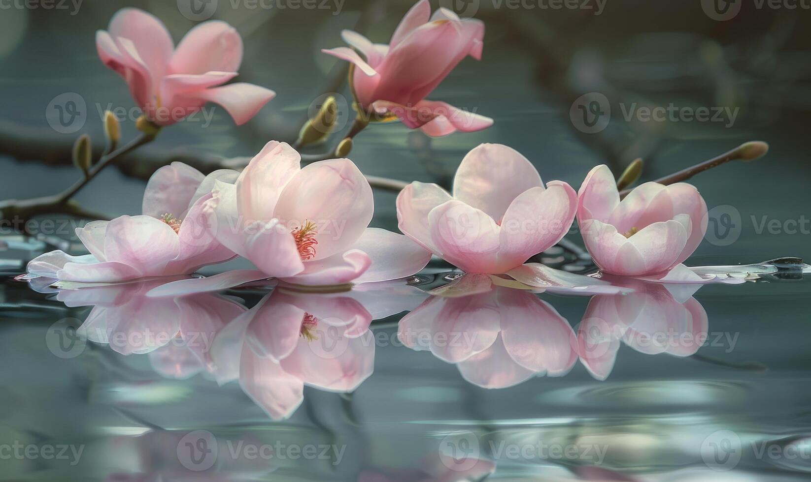 ai generado magnolia flores reflejado en el todavía aguas de un tranquilo estanque. magnolia flores toque agua superficie foto
