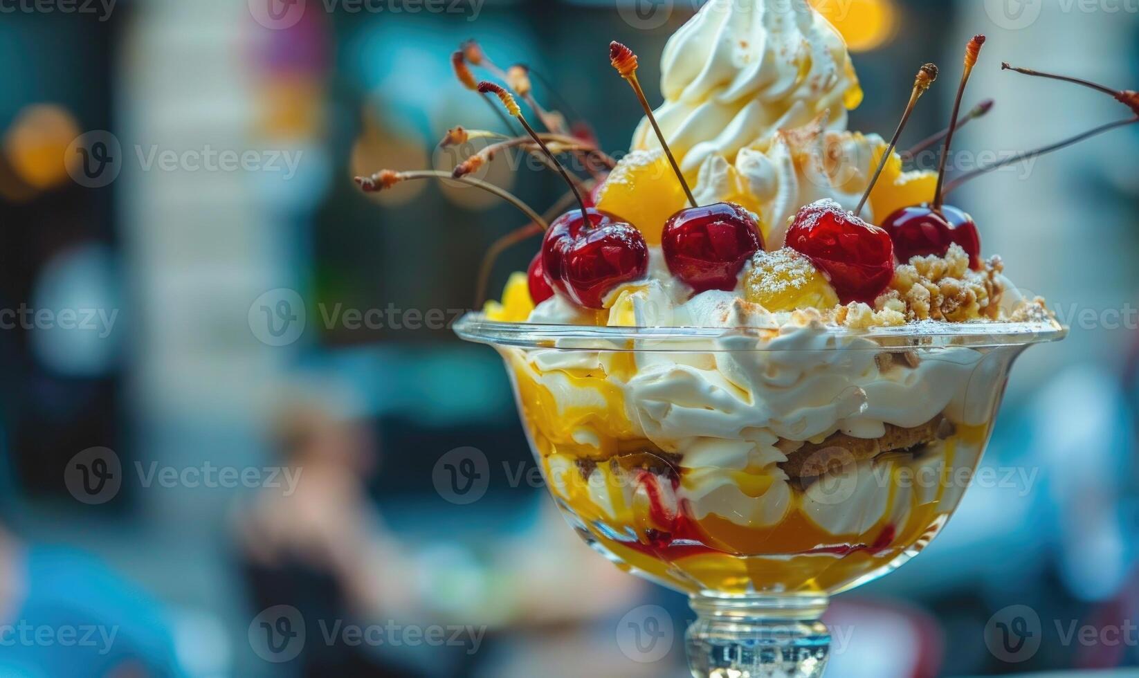AI generated Sundae topped with cherries and whipped cream, closeup view, selective focus photo