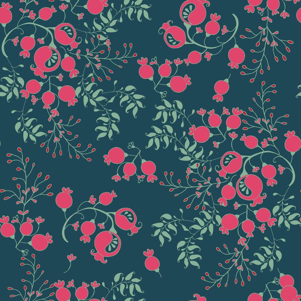 Seamless pattern with hand drawn branch, leaves, berries. vector