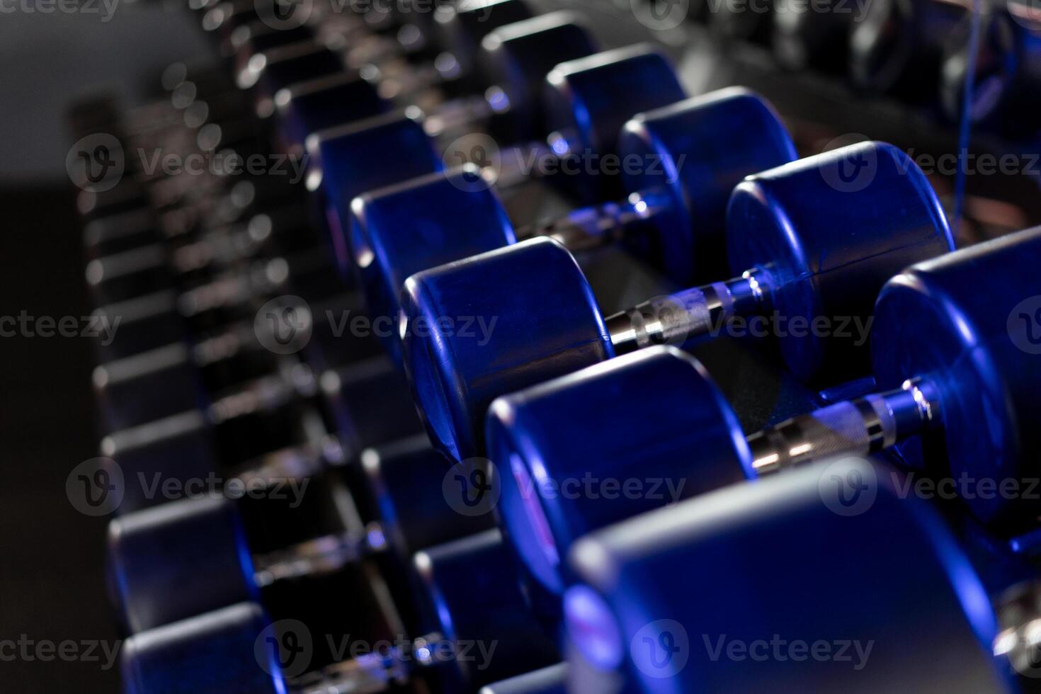 Dumbbells in a row at gym Dark toned photo