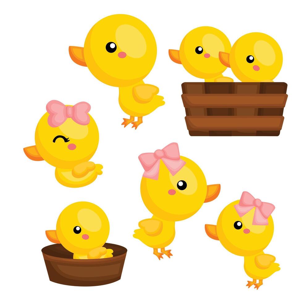 Cute Yellow Baby Ducks Animals Cartoon Illustration Vector Clipart Sticker Decoration Background