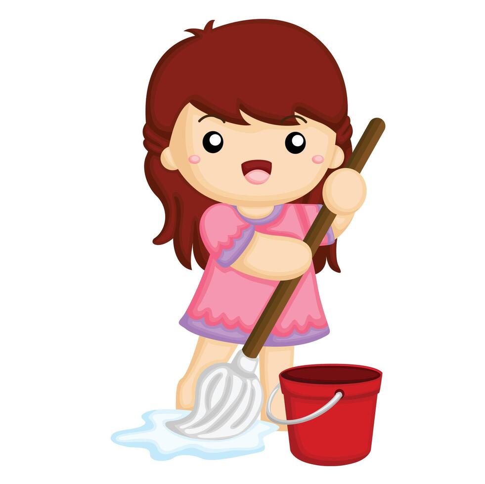 Kids Doing Healthy Lifestyle Housework  Activity Cartoon Illustration Vector Clipart Sticker