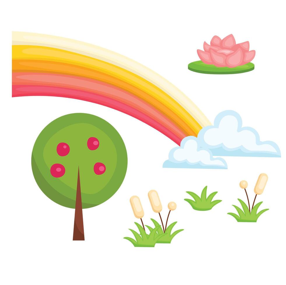 Nature Tree Flowers Garden Park Cartoon Illustration Vector Clipart Sticker Decoration Background