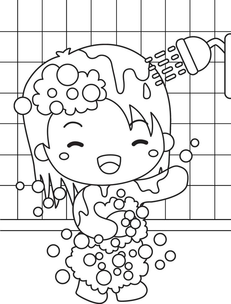 Kids Doing Healthy Lifestyle Bathing Activity Cartoon Coloring for Kids and Adult vector