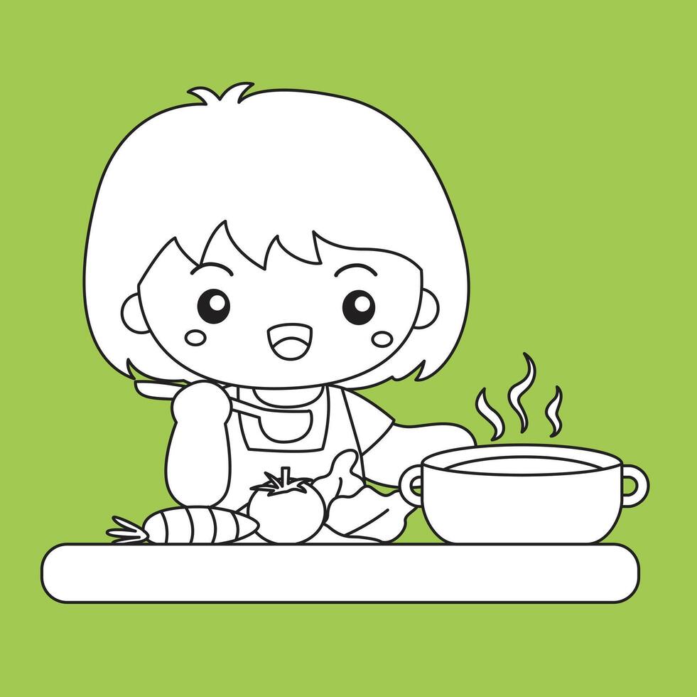 Kids Doing Healthy Lifestyle Cooking Activity Cartoon Digital Stamp Outline vector