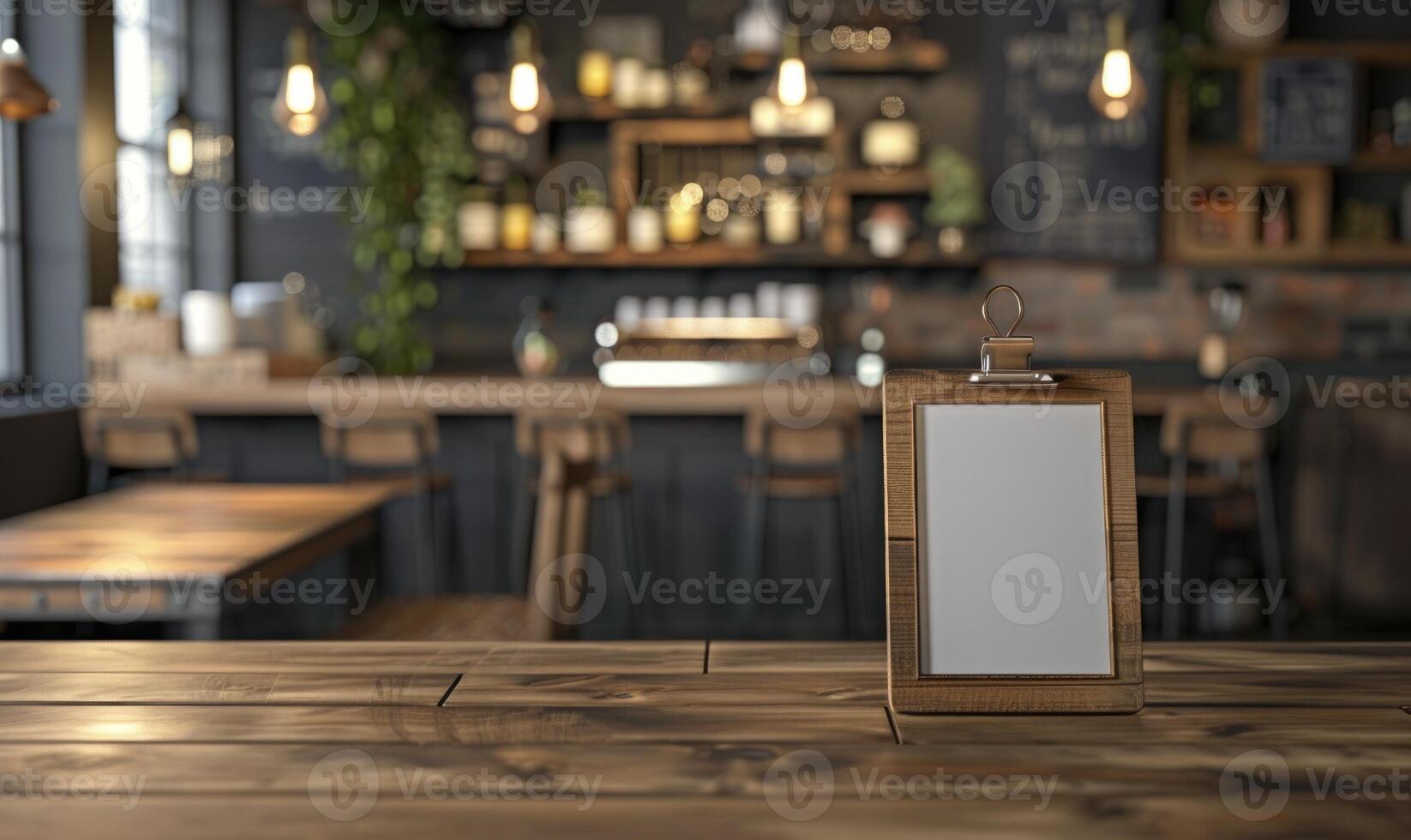 AI generated Blank wooden menu board on wooden table in cafe. Mock up photo