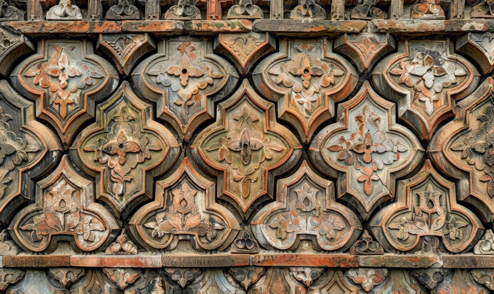 AI generated Fragment of the facade of an old brick building with a decorative ornament. photo