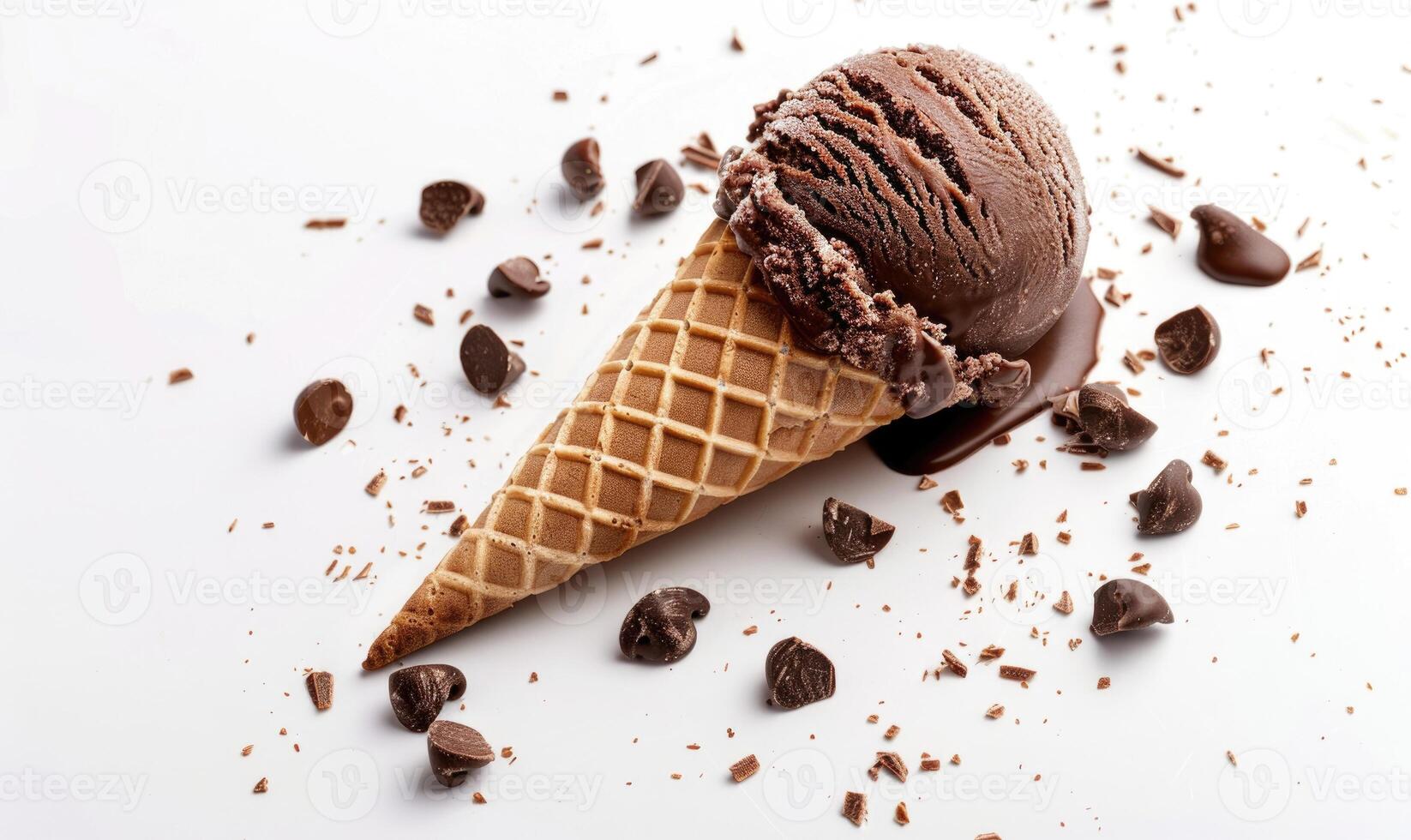 AI generated Chocolate ice cream cone on white background. photo