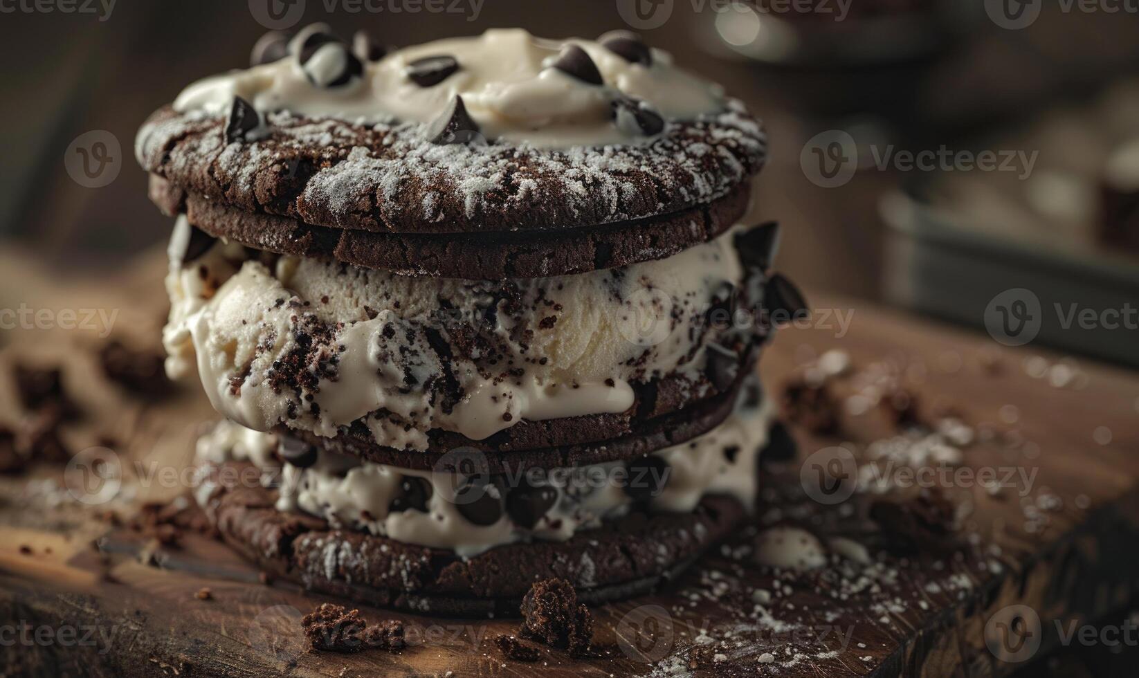 AI generated Ice cream sandwich with cookie crunch, closeup photo