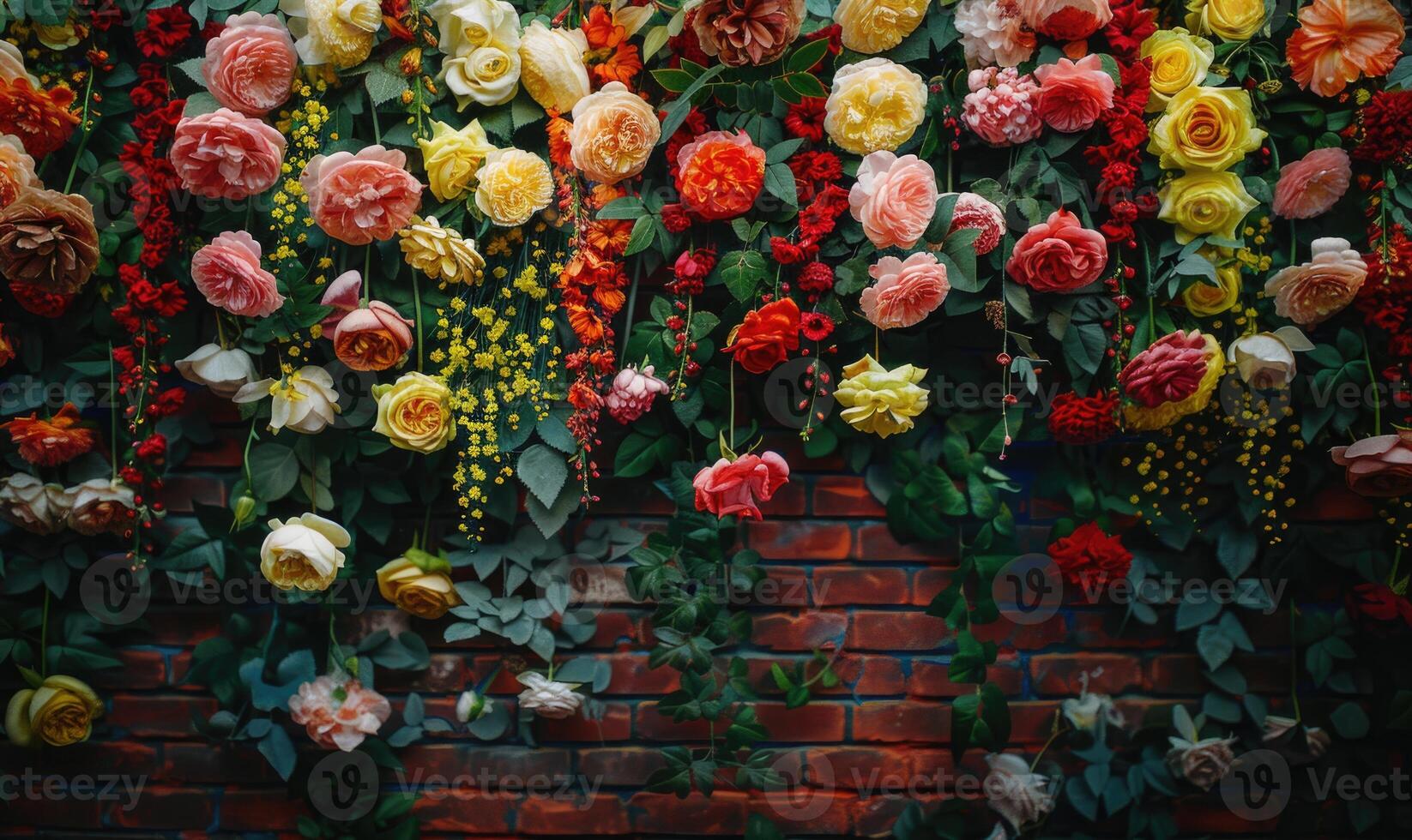 AI generated Beautiful pink and yellow flowers on the brick wall, vintage style photo