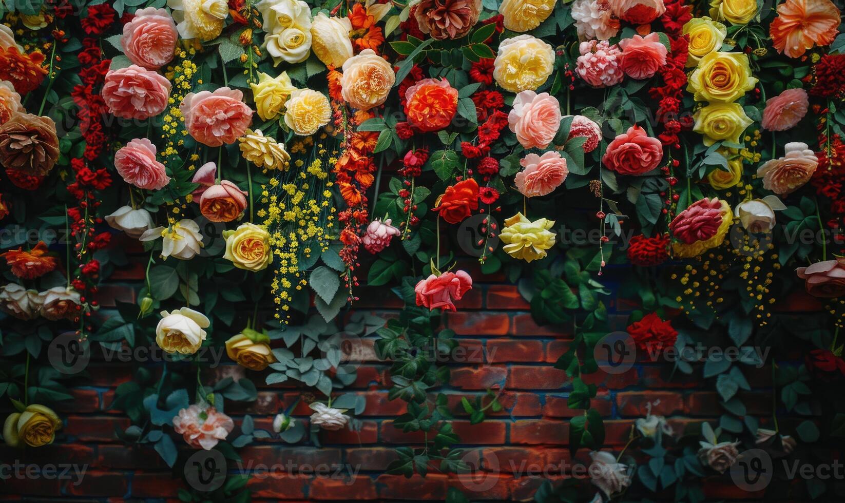 ai generado hermosa rosado y amarillo flores en el ladrillo muro, Clásico estilo foto