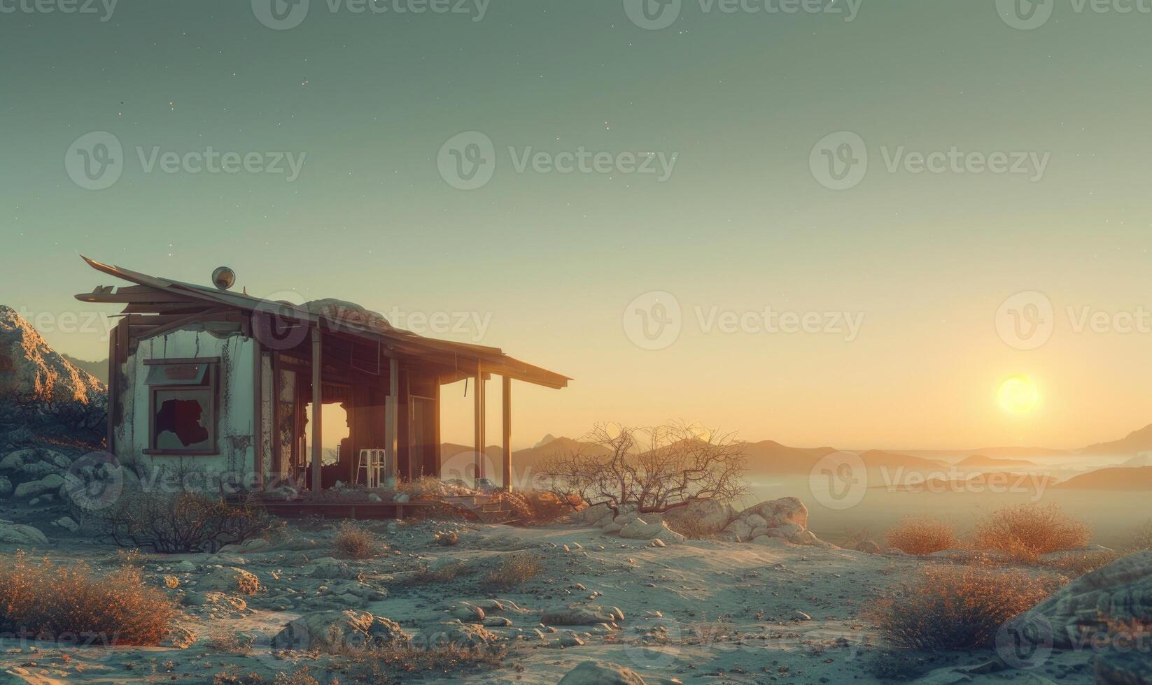 AI generated Abandoned house in the desert at sunset. photo