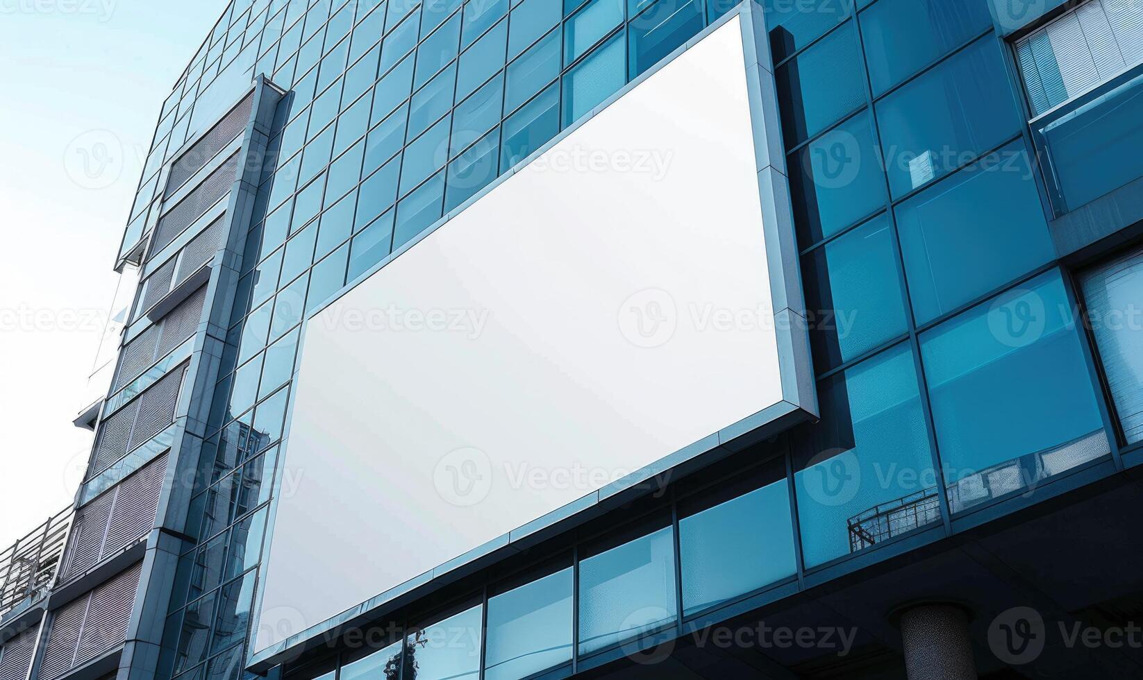 AI generated Blank screen banner mockup displayed on the modern building facade. Close Up view. photo