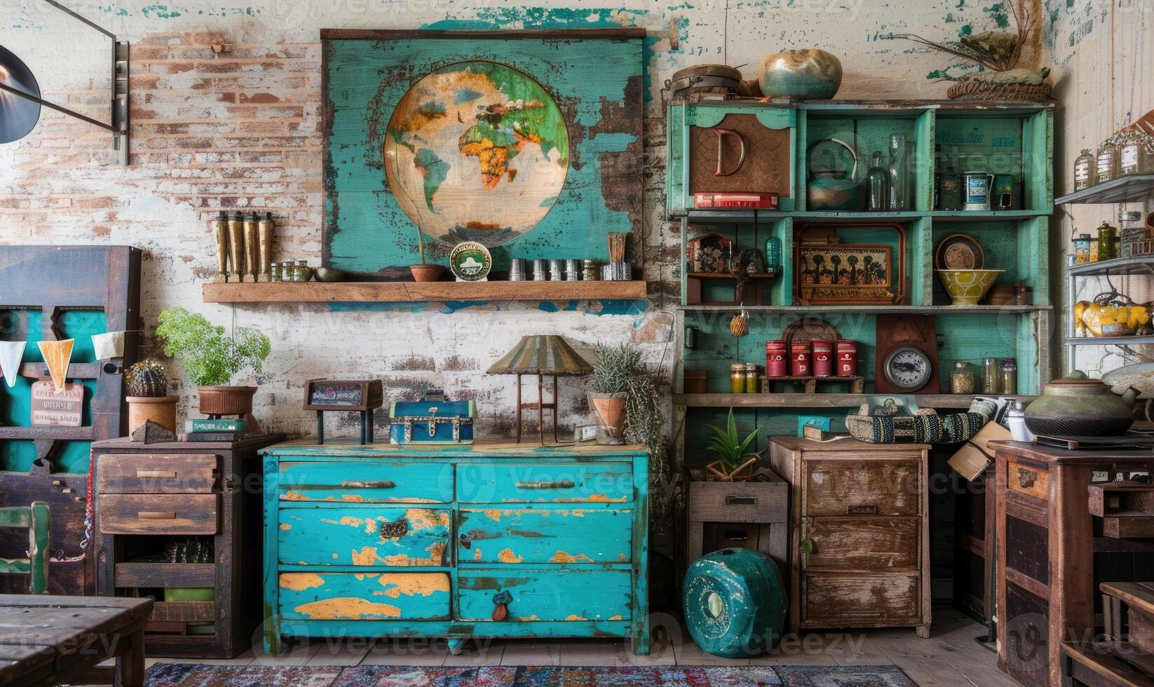 AI generated Interior of a living room in a loft style with antique furniture photo
